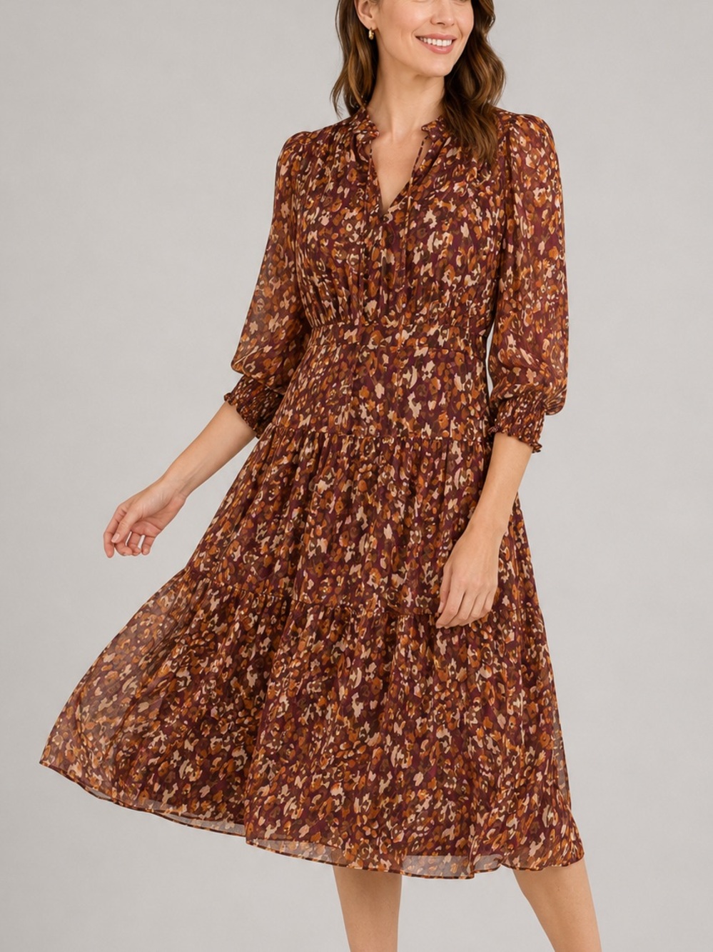 🆕🧡🍒Vince Camuto Size 4 Wine Abstract Floral Chiffon Tiered Midi Dress Party